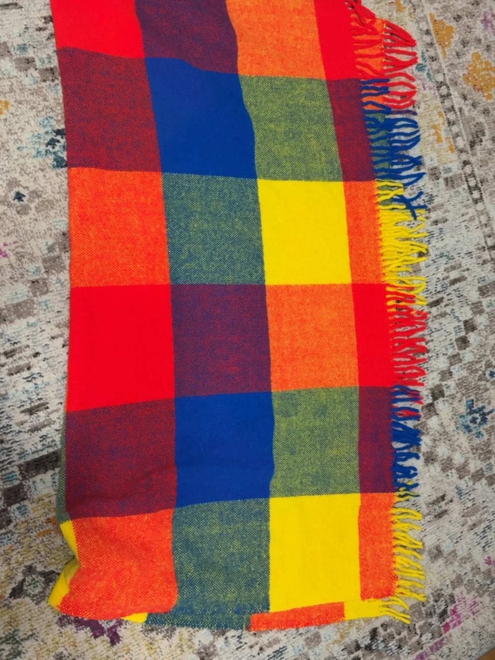 Rainbow Checkered Fringe Wool Blanket